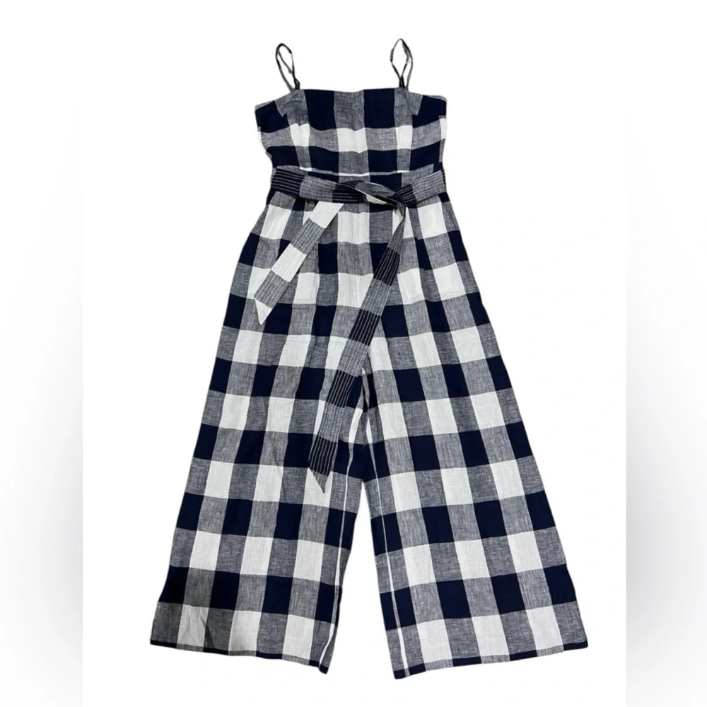 J.Crew Wide Leg Linen‎ Jumpsuit in Gingham Beauchamps Belted Size 2